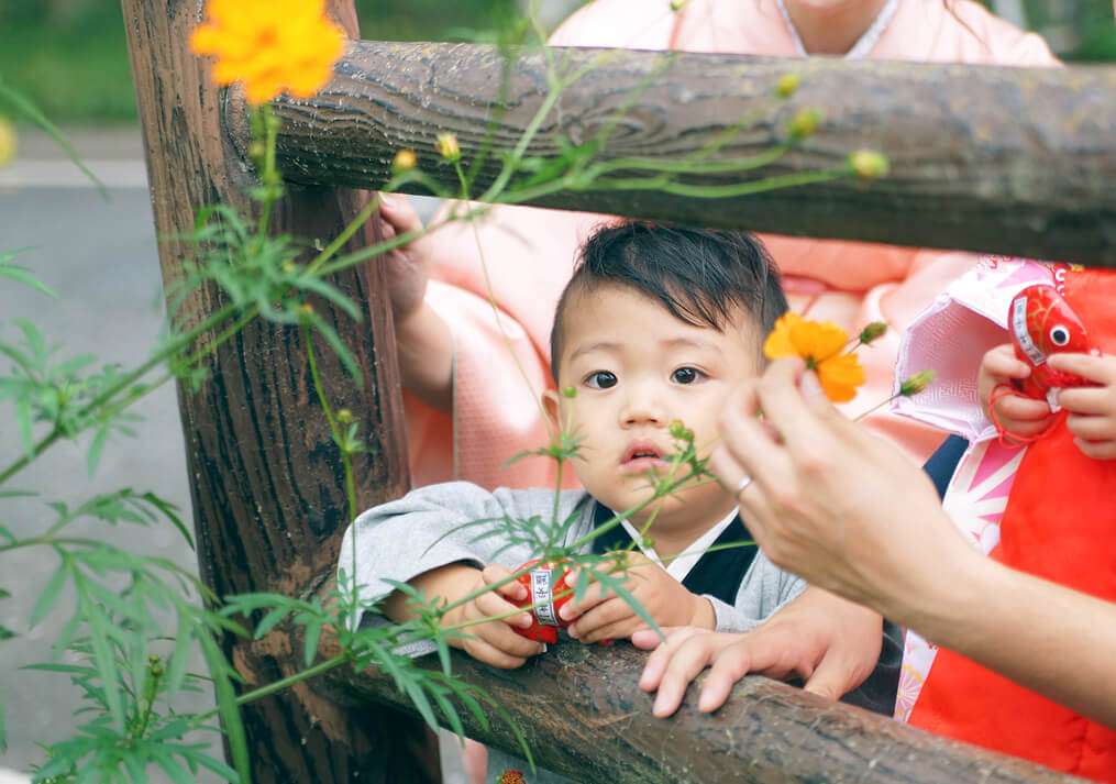 花をみる家族