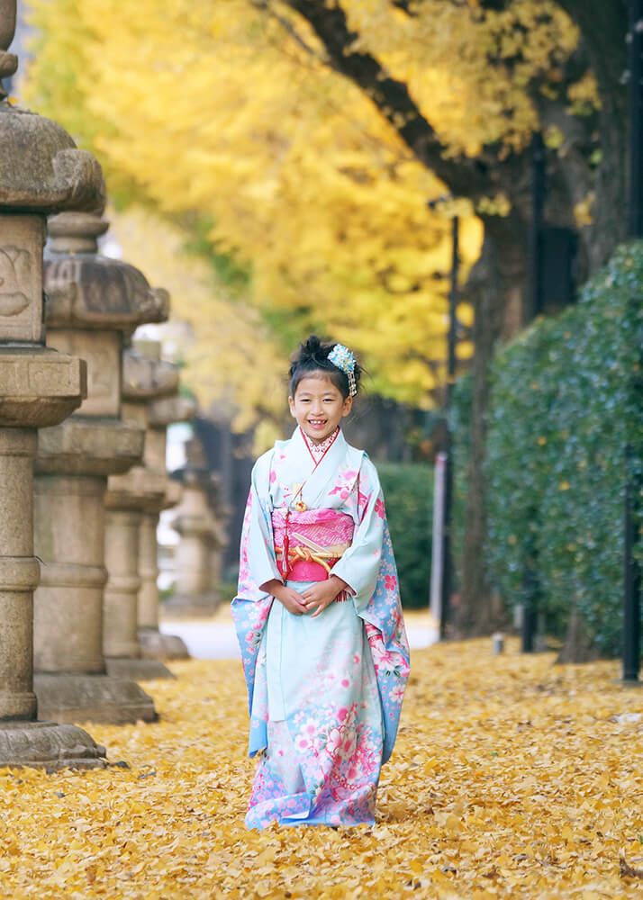 靖国神社の銀杏並木の黄色い絨毯の上を歩く七五三の女の子